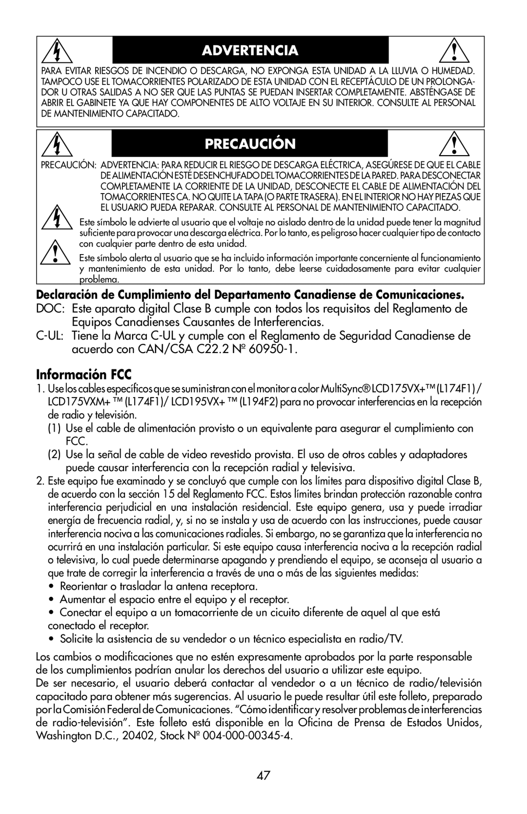 NEC 175VXM user manual Advertencia, Precaución, Información FCC 