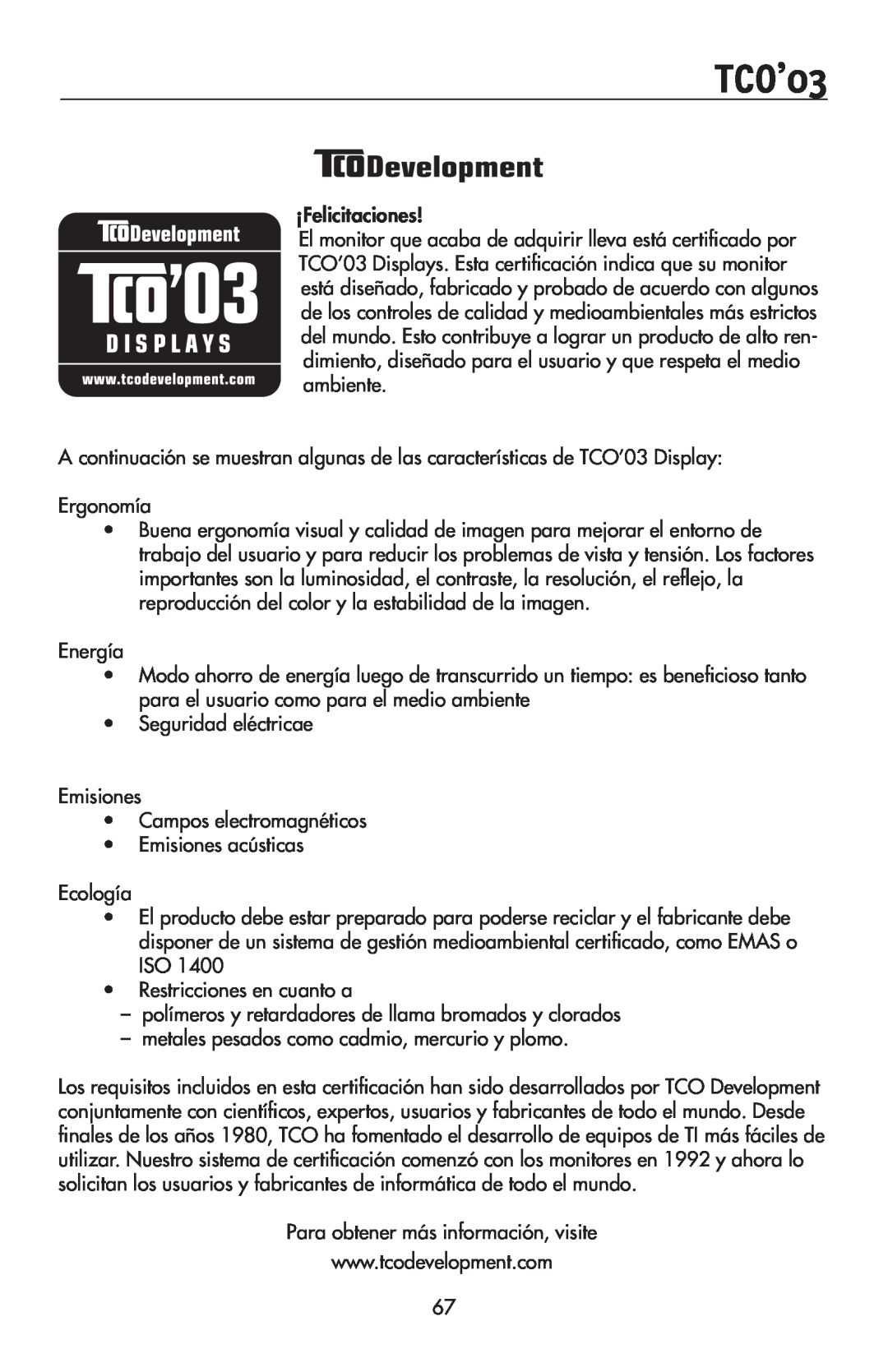 NEC 175VXM user manual TCO’03, ¡Felicitaciones 