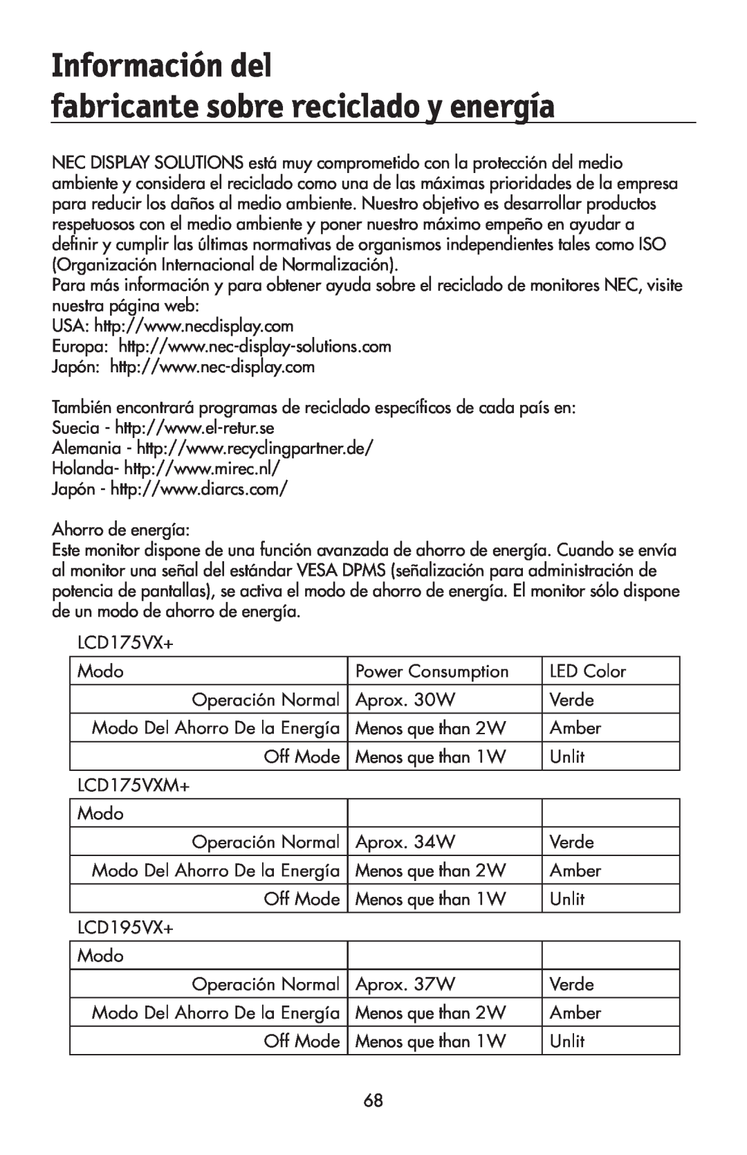 NEC 175VXM user manual Información del, fabricante sobre reciclado y energía 