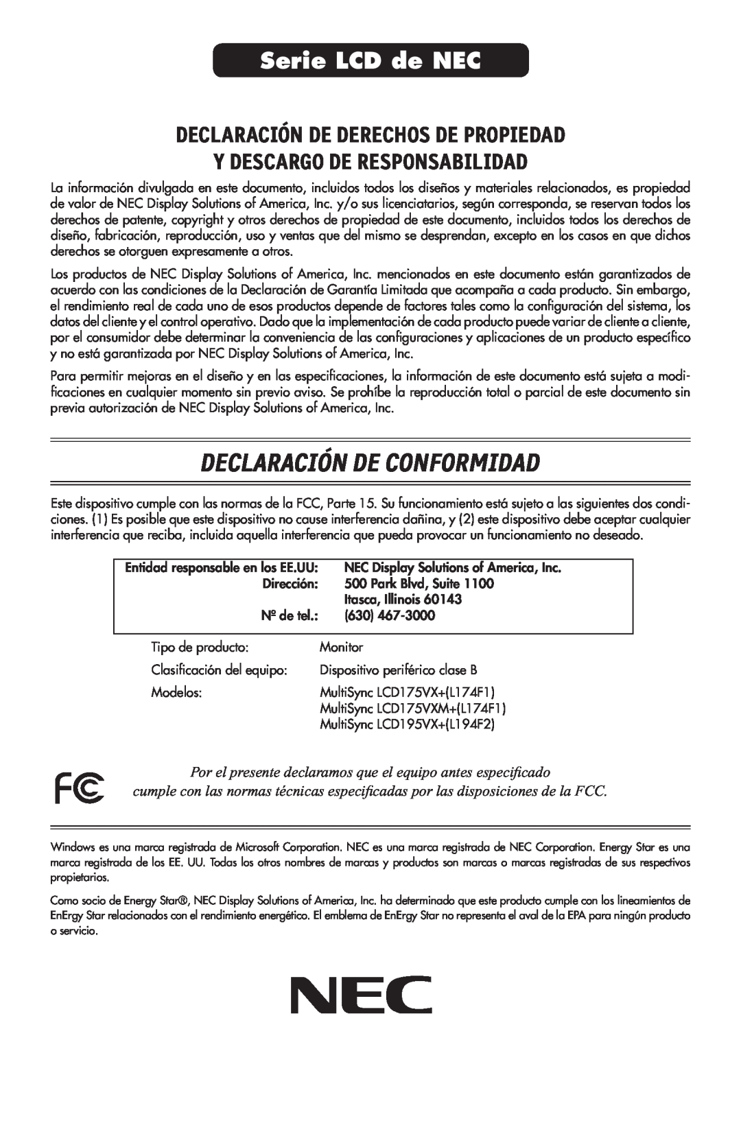 NEC 175VXM user manual Declaración De Conformidad, Serie LCD de NEC, Declaración De Derechos De Propiedad 
