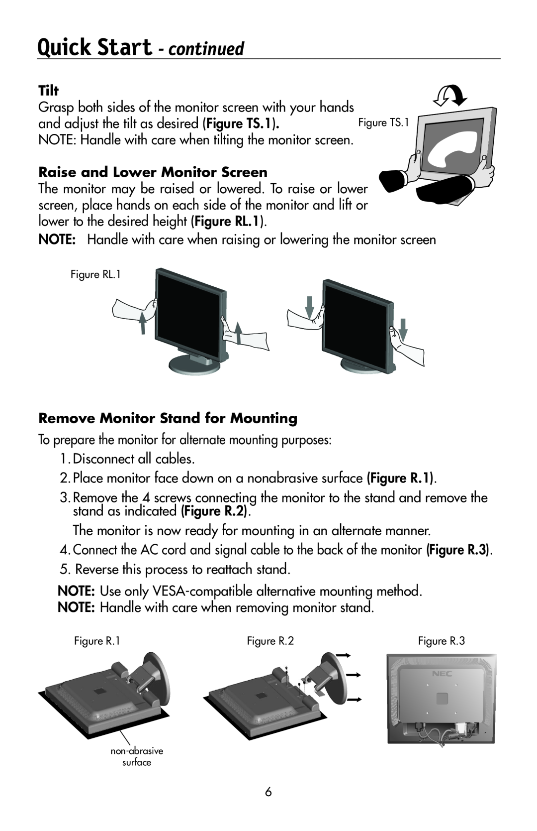 NEC 175VXM user manual Tilt, Raise and Lower Monitor Screen, Remove Monitor Stand for Mounting, Quick Start - continued 