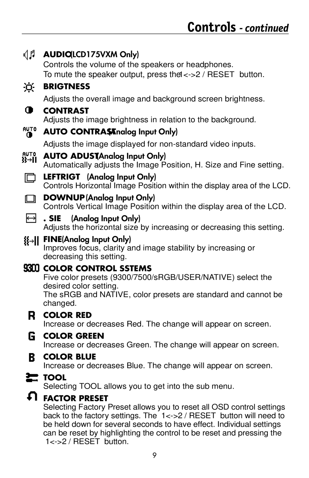 NEC 175VXM Controls the volume of the speakers or headphones, Adjusts the overall image and background screen brightness 