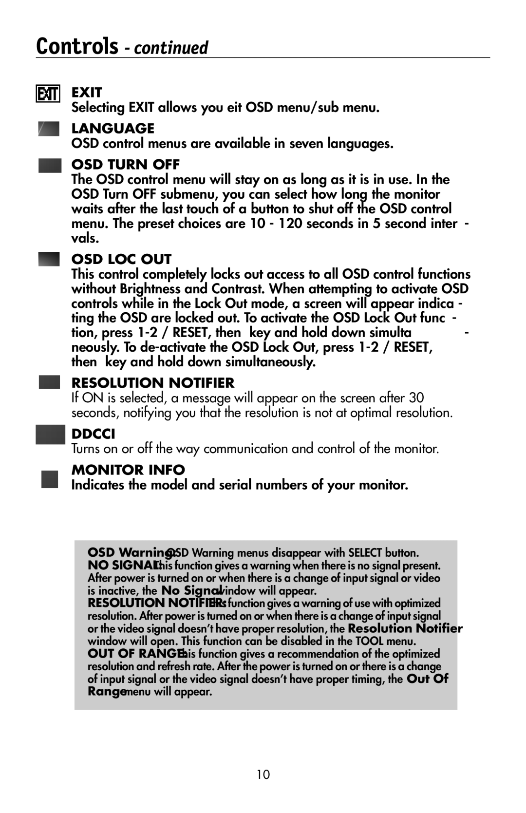 NEC 175VXM user manual Selecting Exit allows you exit OSD menu/sub menu, OSD control menus are available in seven languages 