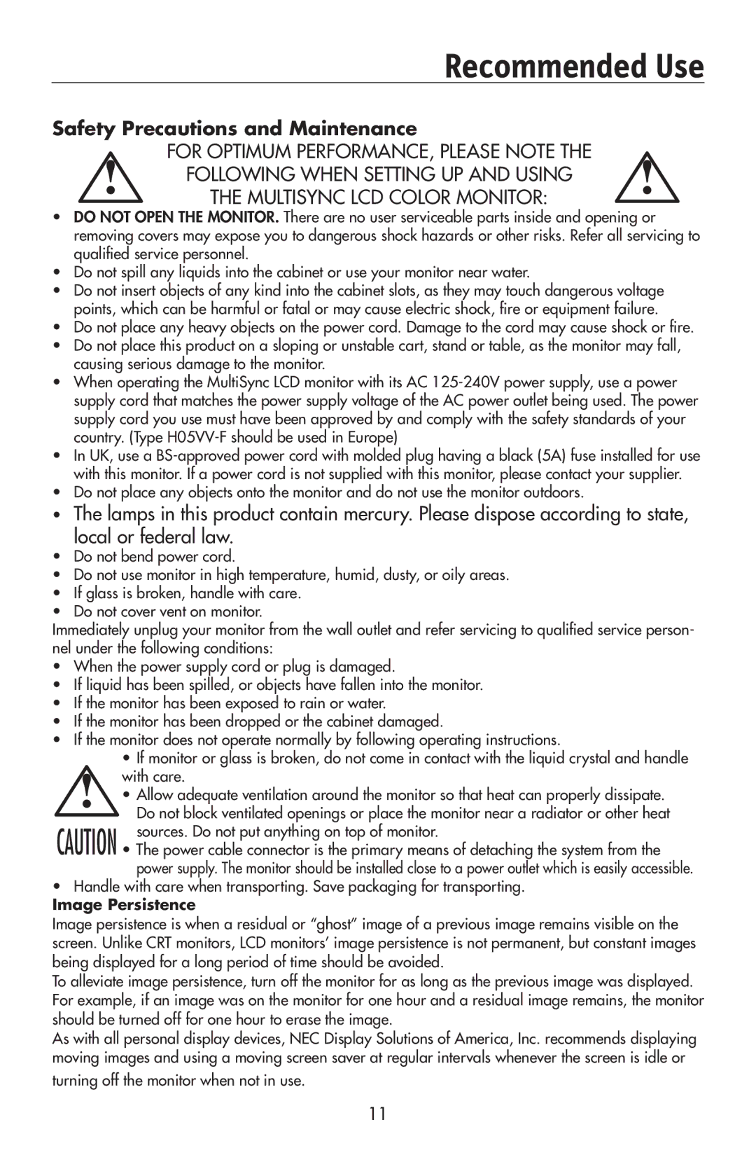 NEC 175VXM user manual Recommended Use, Safety Precautions and Maintenance 