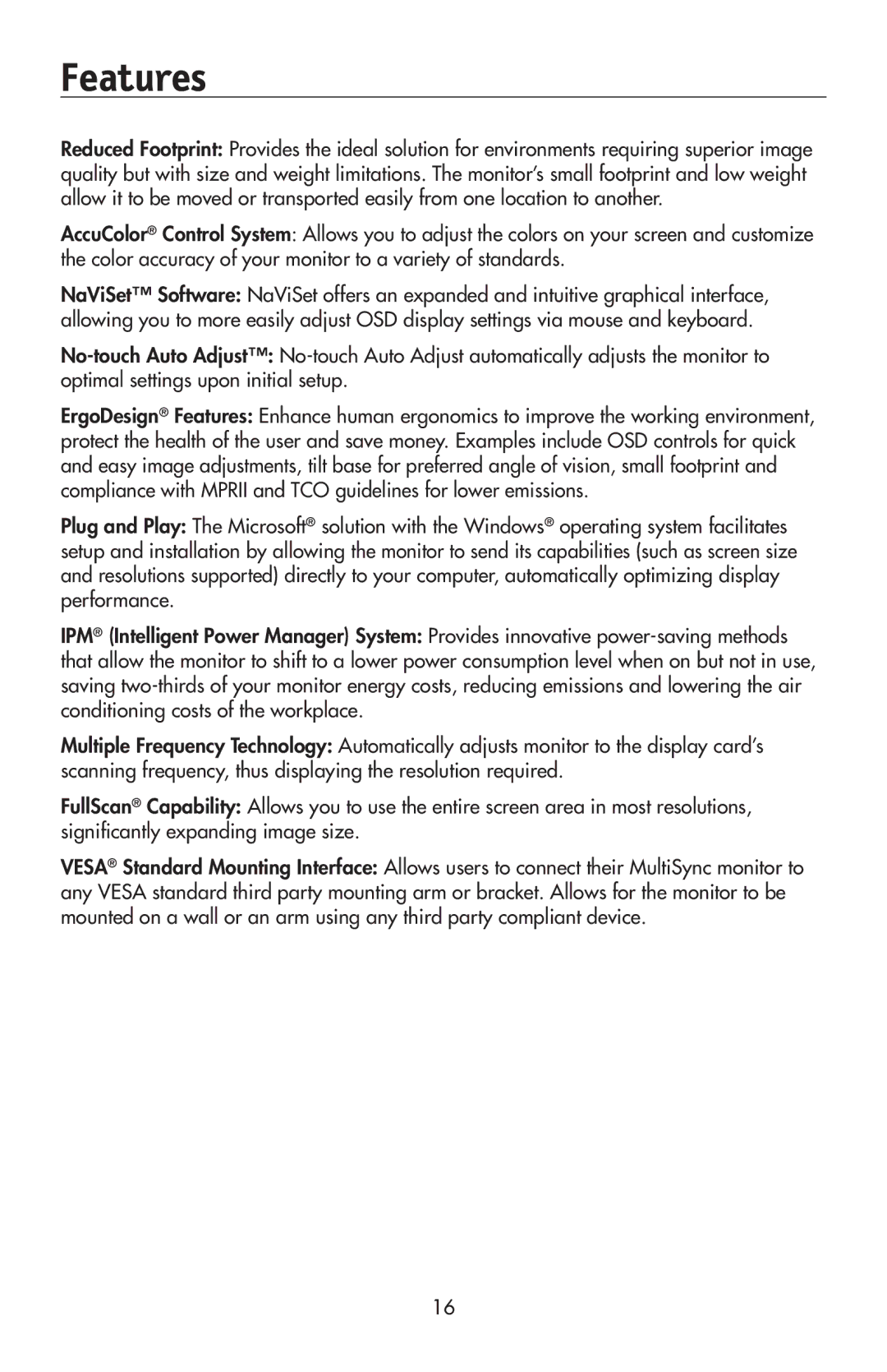 NEC 175VXM user manual Features 