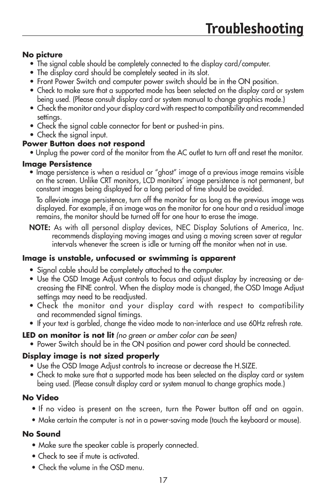 NEC 175VXM user manual Troubleshooting, No picture 