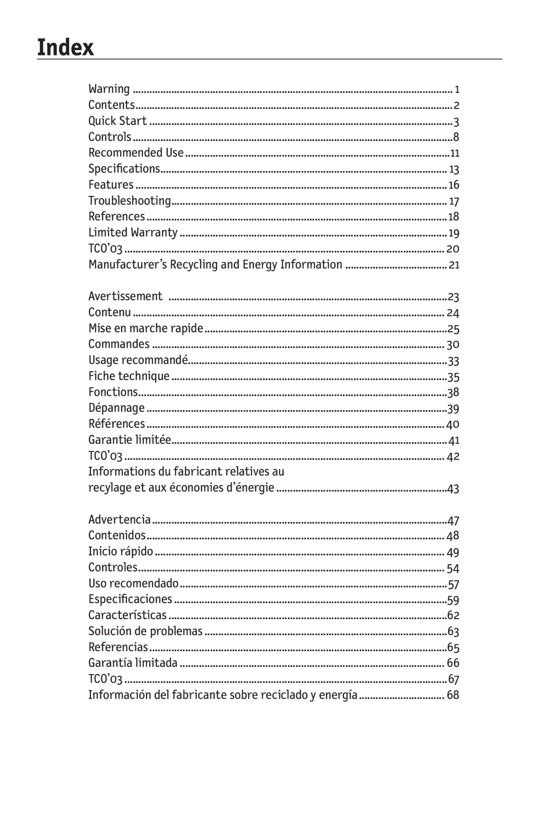 NEC 175VXM user manual Index, Informations du fabricant relatives au 