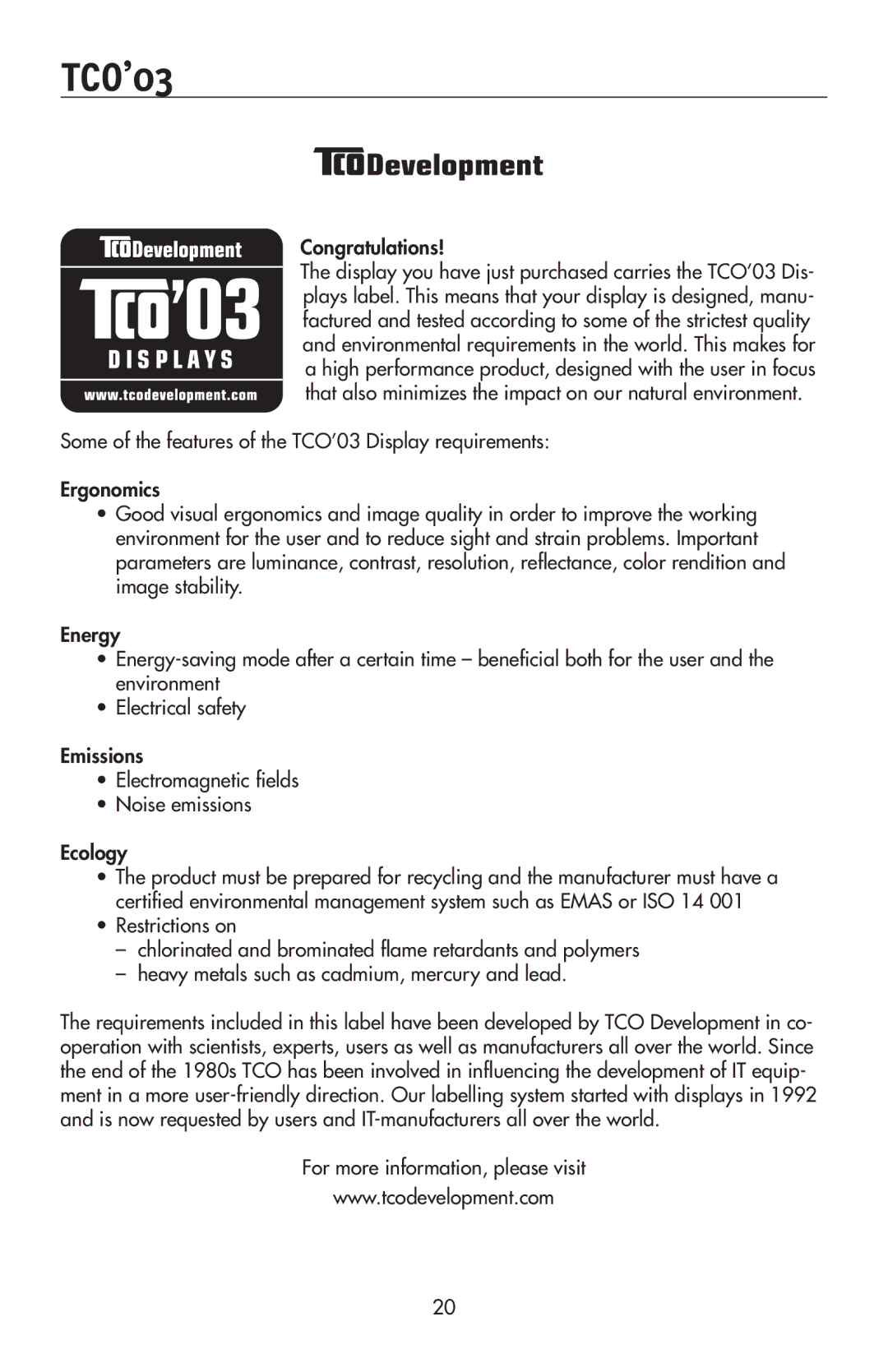 NEC 175VXM user manual TCO’03, Congratulations 