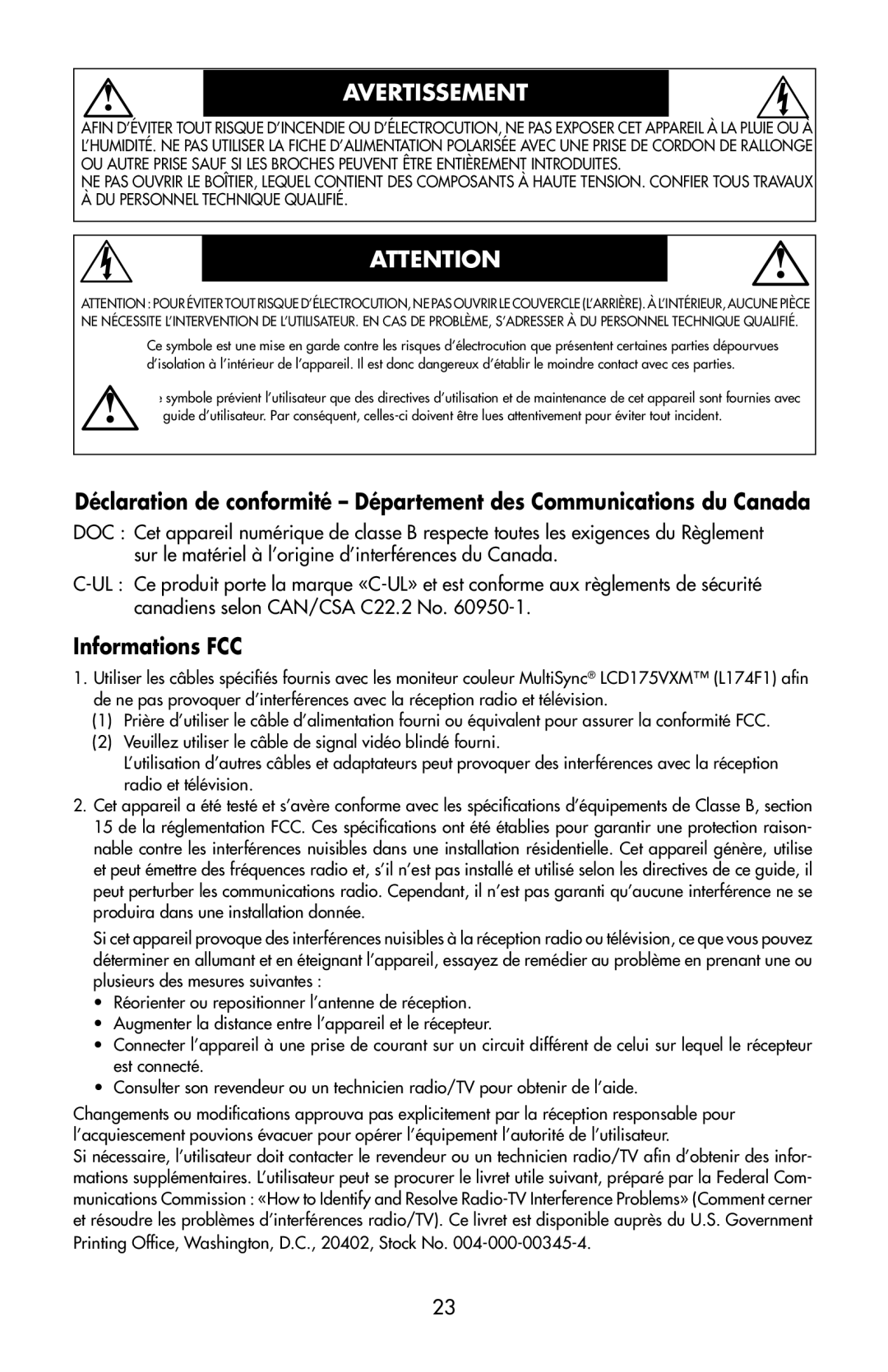 NEC 175VXM user manual Avertissement, Informations FCC 