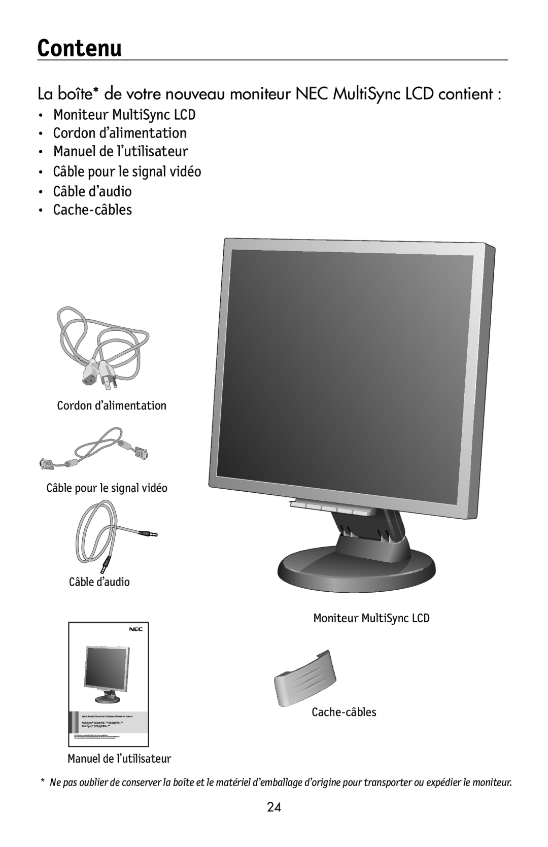 NEC 175VXM user manual Contenu 