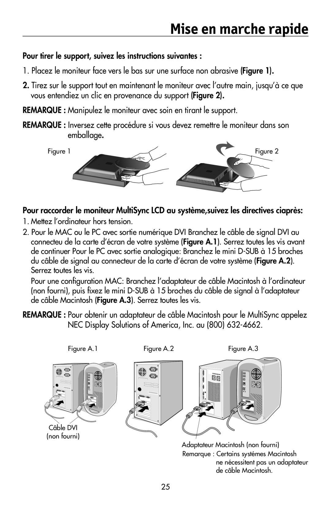 NEC 175VXM user manual Mise en marche rapide, NEC Display Solutions of America, Inc. au 800 