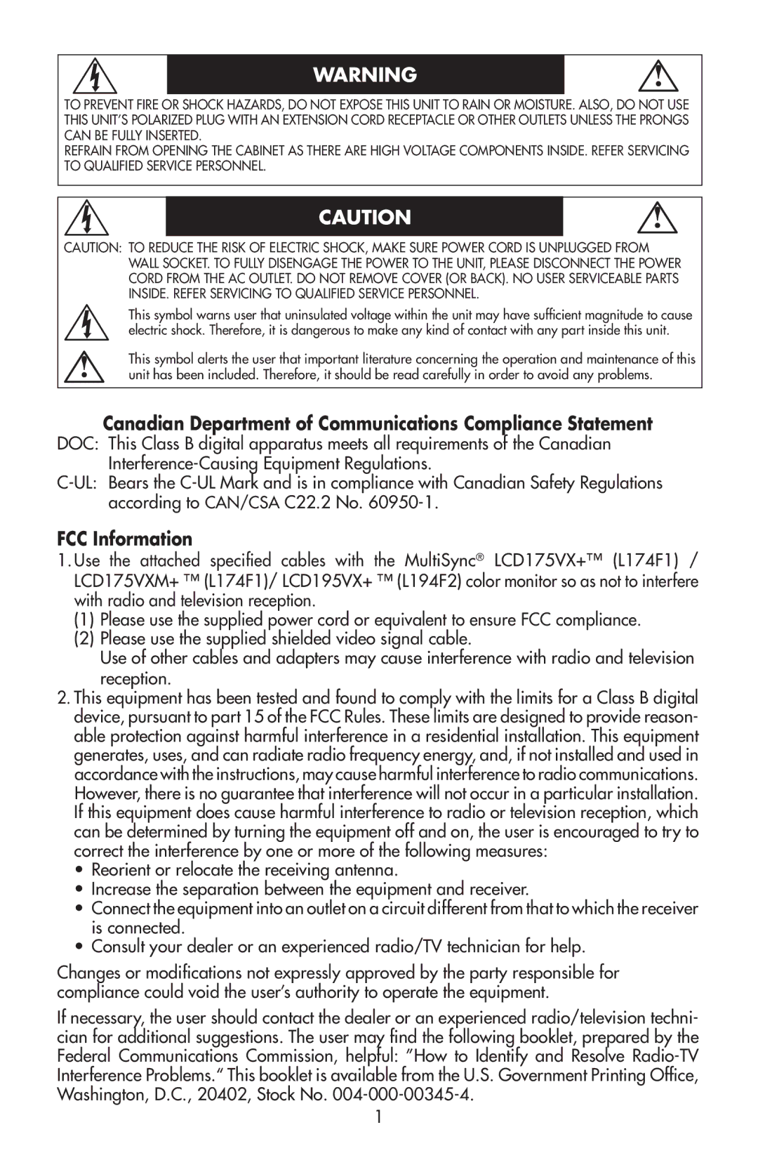 NEC 175VXM user manual Canadian Department of Communications Compliance Statement, FCC Information 