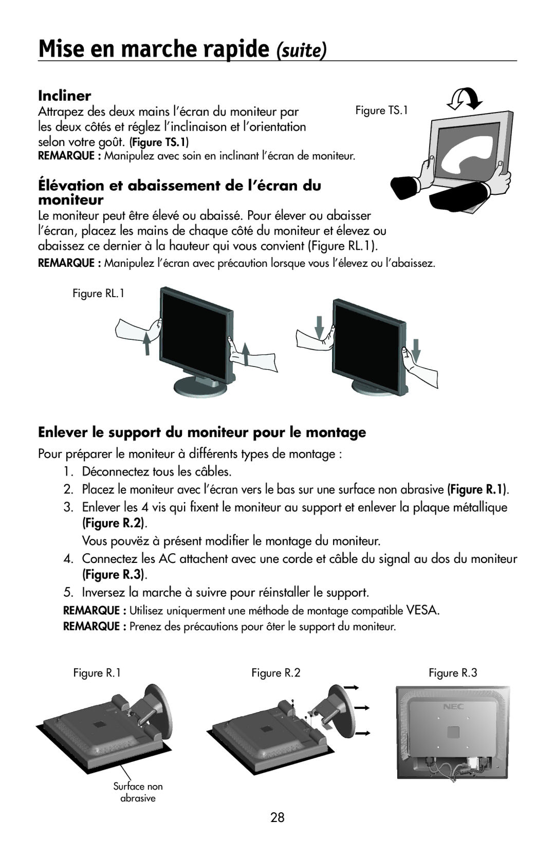 NEC 175VXM Incliner, Élévation et abaissement de l’écran du moniteur, Enlever le support du moniteur pour le montage 