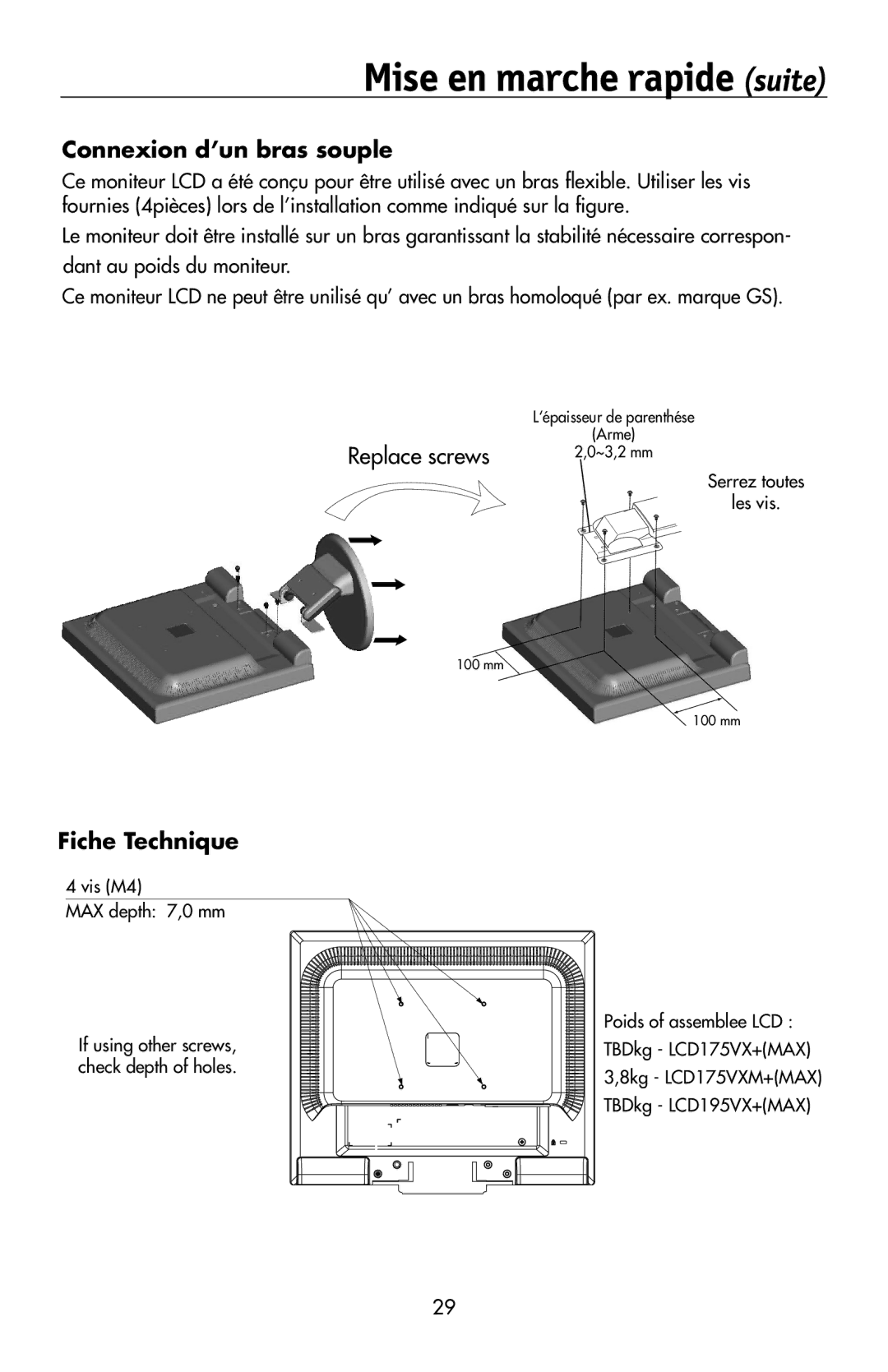 NEC 175VXM user manual Connexion d’un bras souple, Fiche Technique 