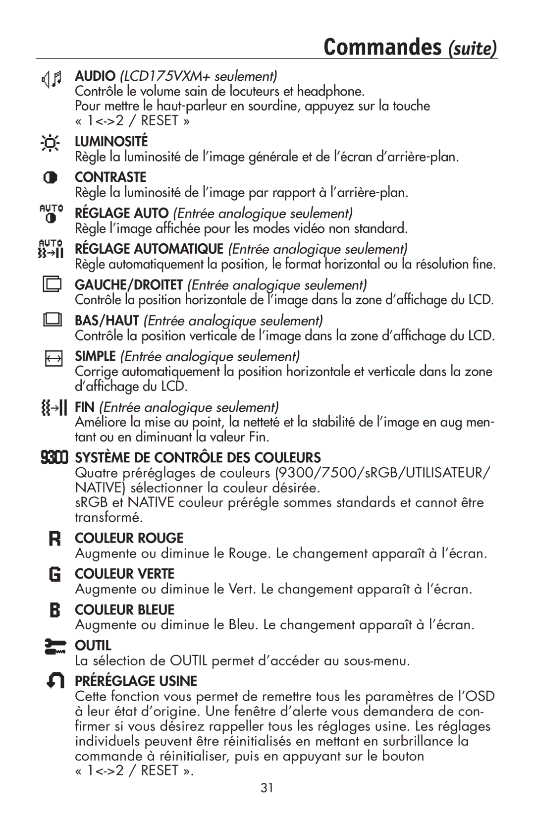 NEC 175VXM user manual Commandes suite, Règle la luminosité de l’image par rapport à l’arrière-plan 