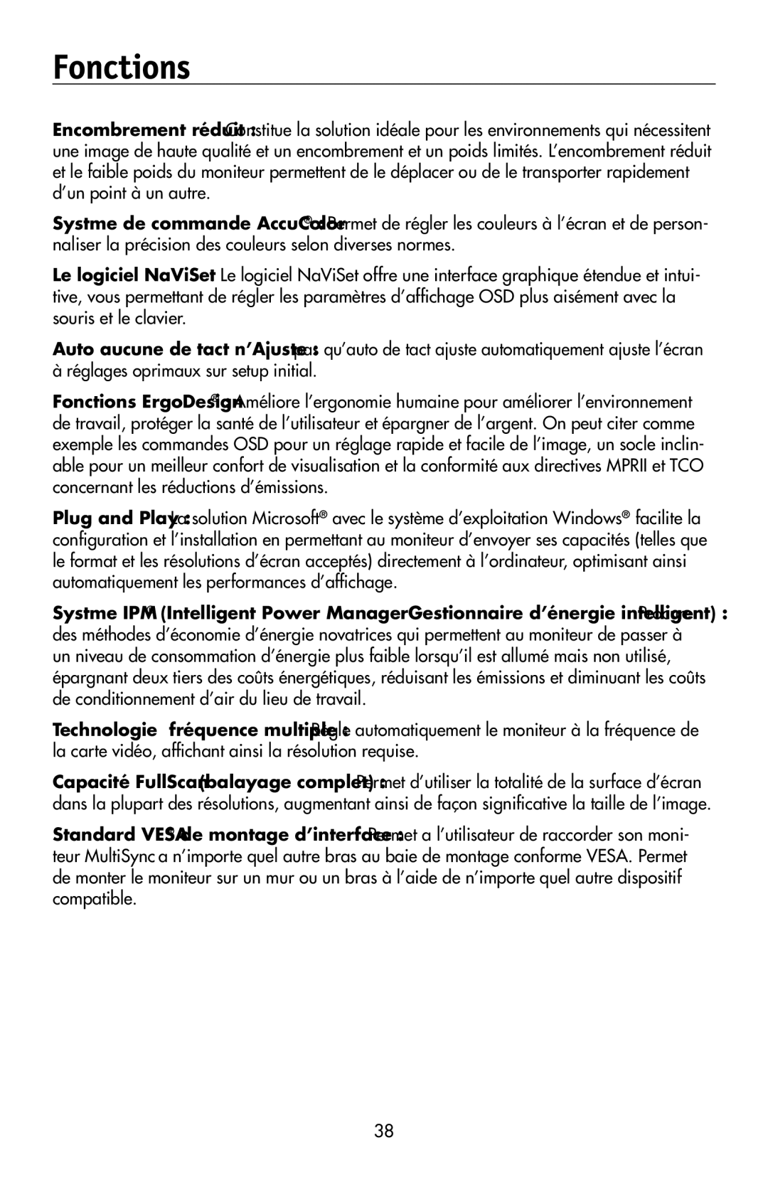 NEC 175VXM user manual Fonctions 