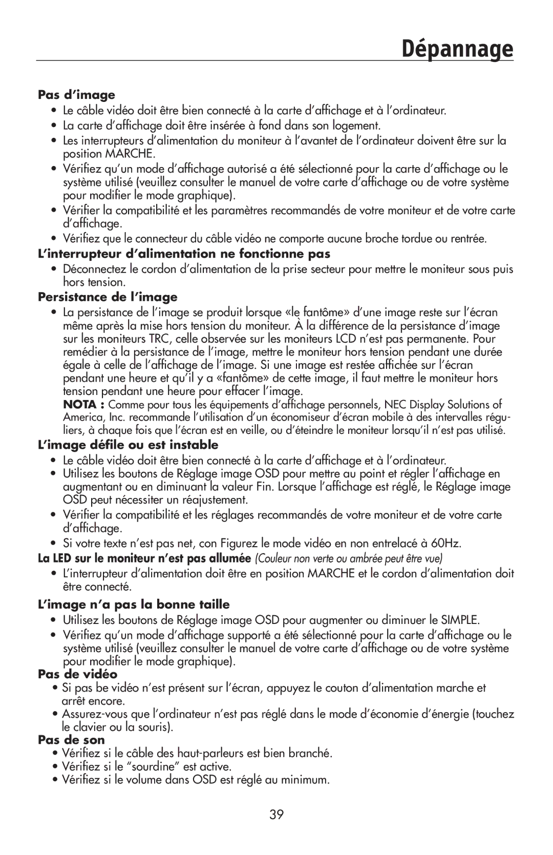 NEC 175VXM user manual Dépannage, Pas d’image 