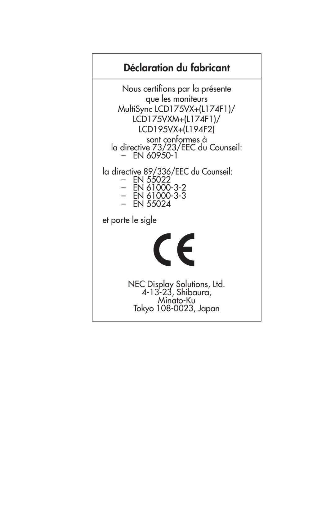 NEC 175VXM user manual Déclaration du fabricant 