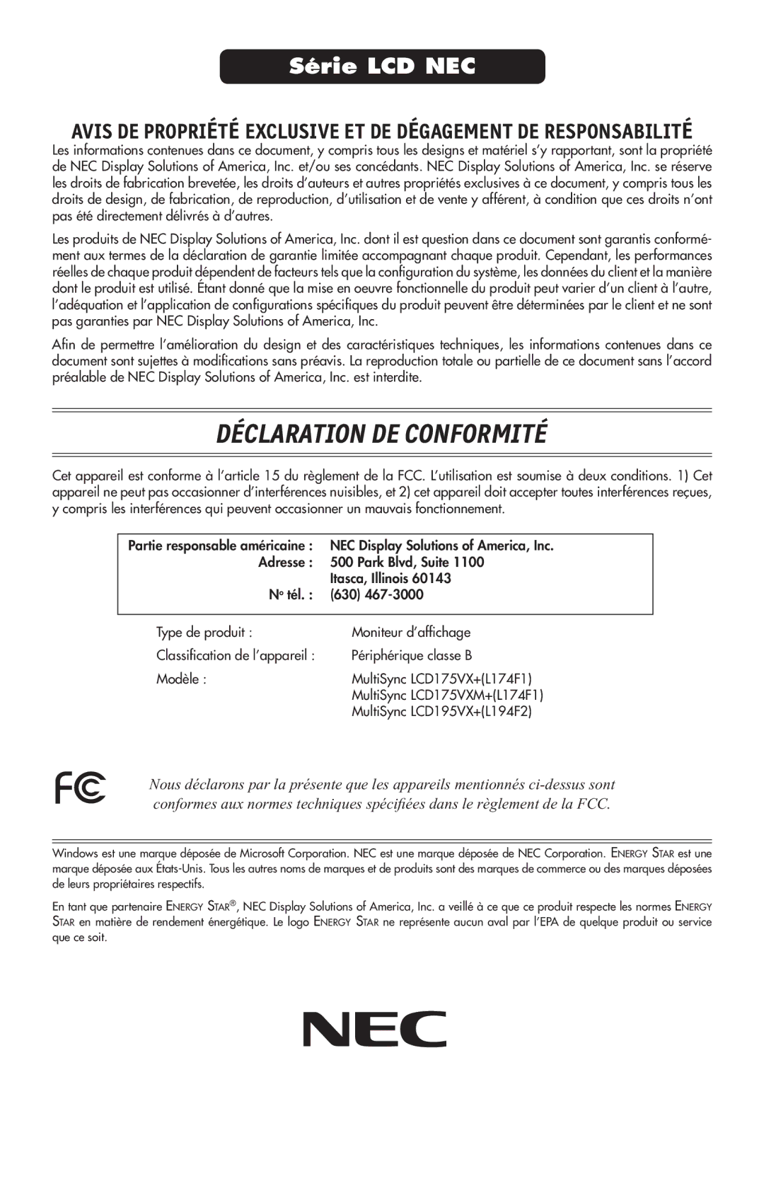 NEC 175VXM user manual Déclaration DE Conformité 