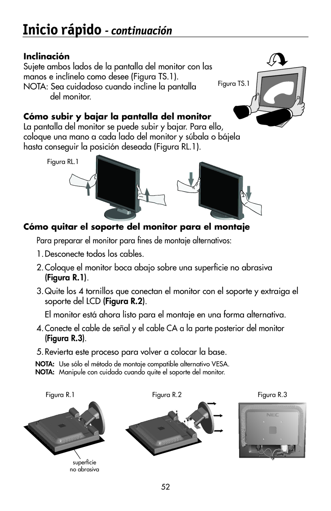 NEC 175VXM Inclinación, Cómo subir y bajar la pantalla del monitor, Cómo quitar el soporte del monitor para el montaje 