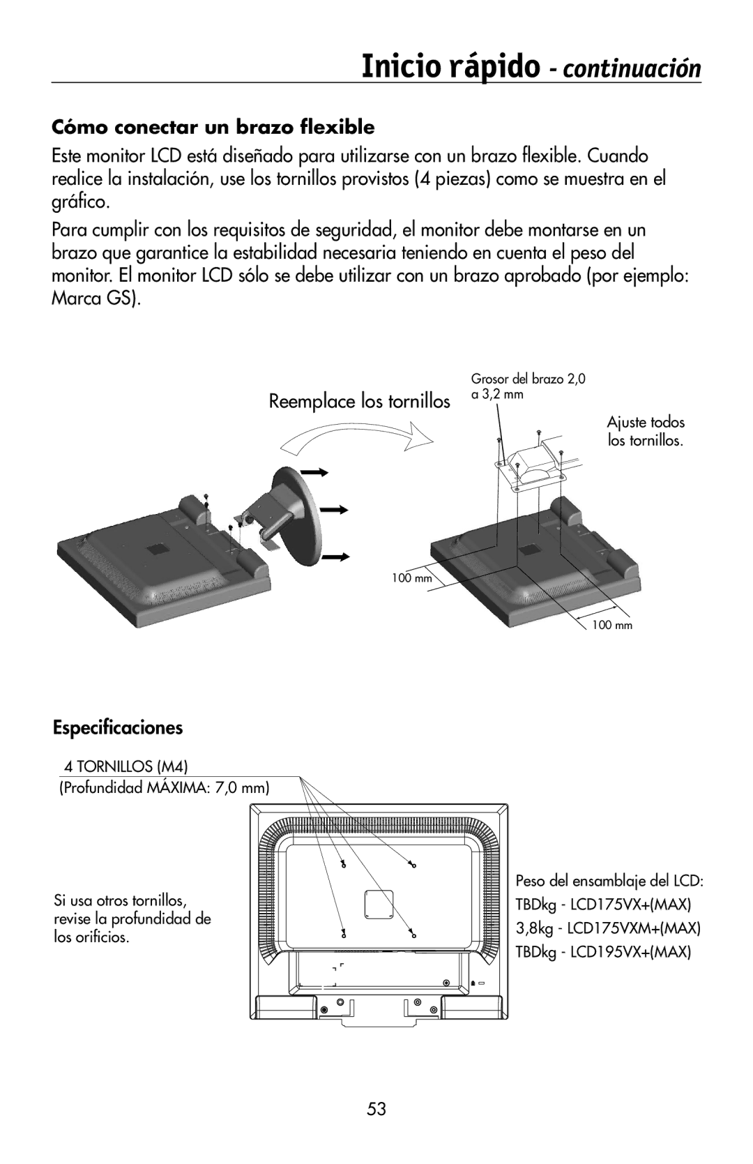 NEC 175VXM user manual Cómo conectar un brazo flexible, Reemplace los tornillos, Especificaciones 