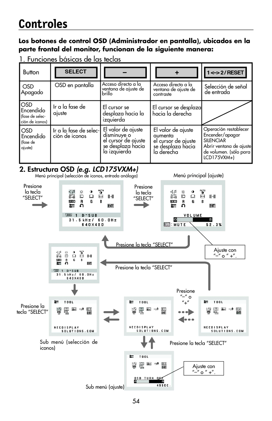 NEC 175VXM user manual Controles, Funciones básicas de las teclas 