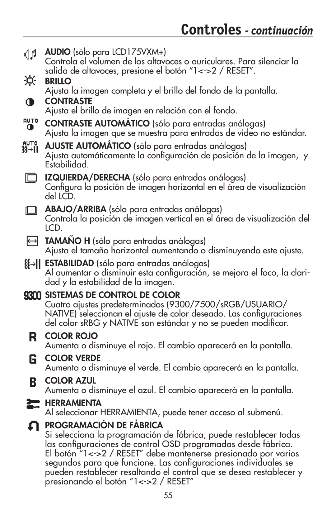 NEC 175VXM user manual Controles continuación, Al seleccionar HERRAMIENTA, puede tener acceso al submenú 