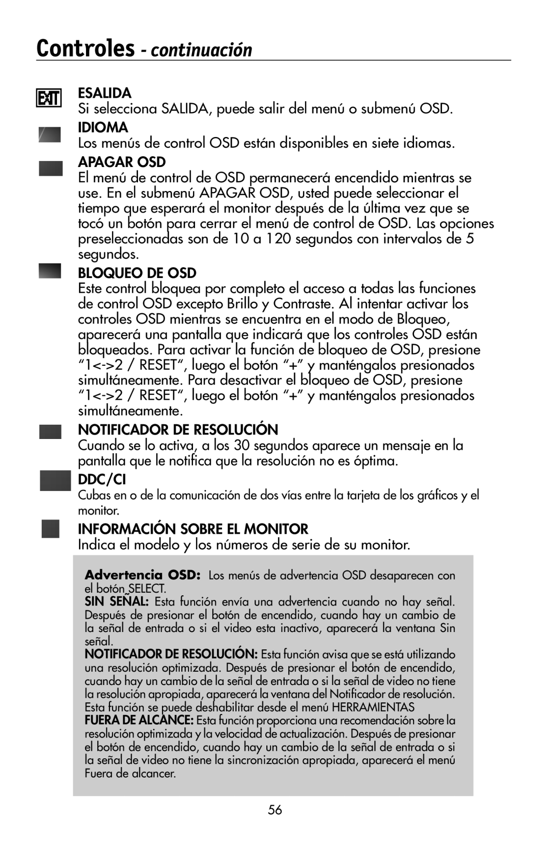 NEC 175VXM Si selecciona SALIDA, puede salir del menú o submenú OSD, Indica el modelo y los números de serie de su monitor 