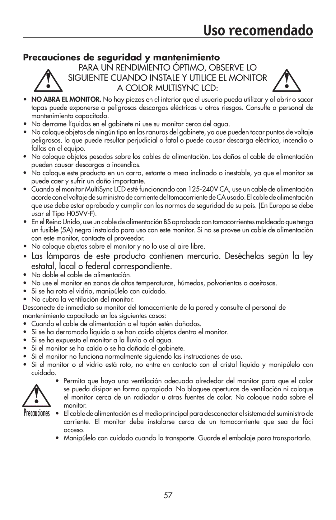 NEC 175VXM user manual Uso recomendado, Precauciones de seguridad y mantenimiento 