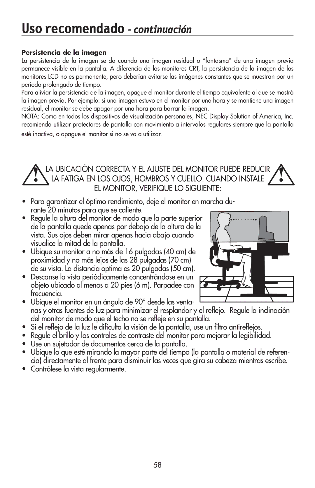 NEC 175VXM user manual Uso recomendado continuación, Contrólese la vista regularmente 