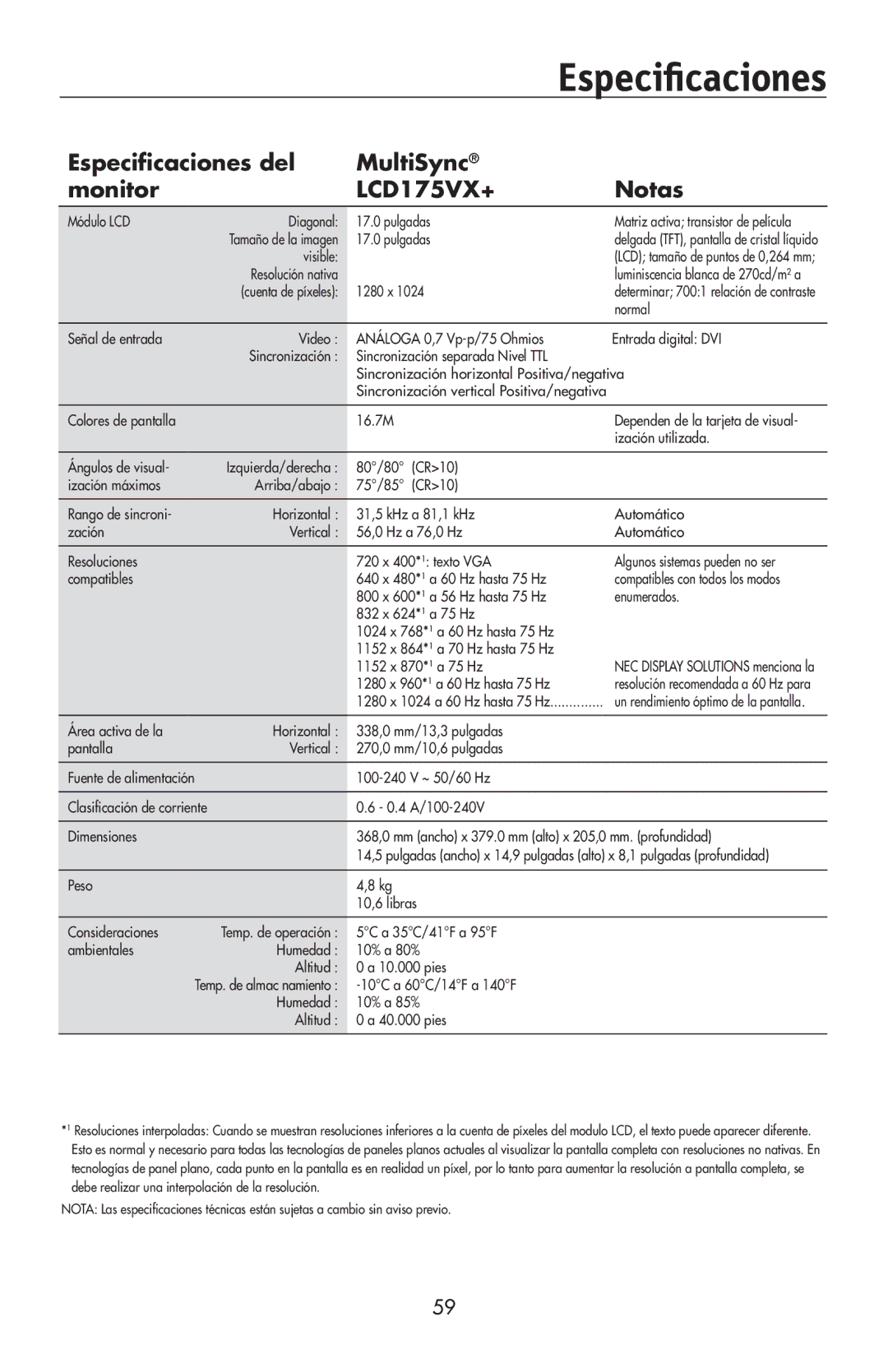 NEC 175VXM user manual Especificaciones del MultiSync Monitor, Notas 