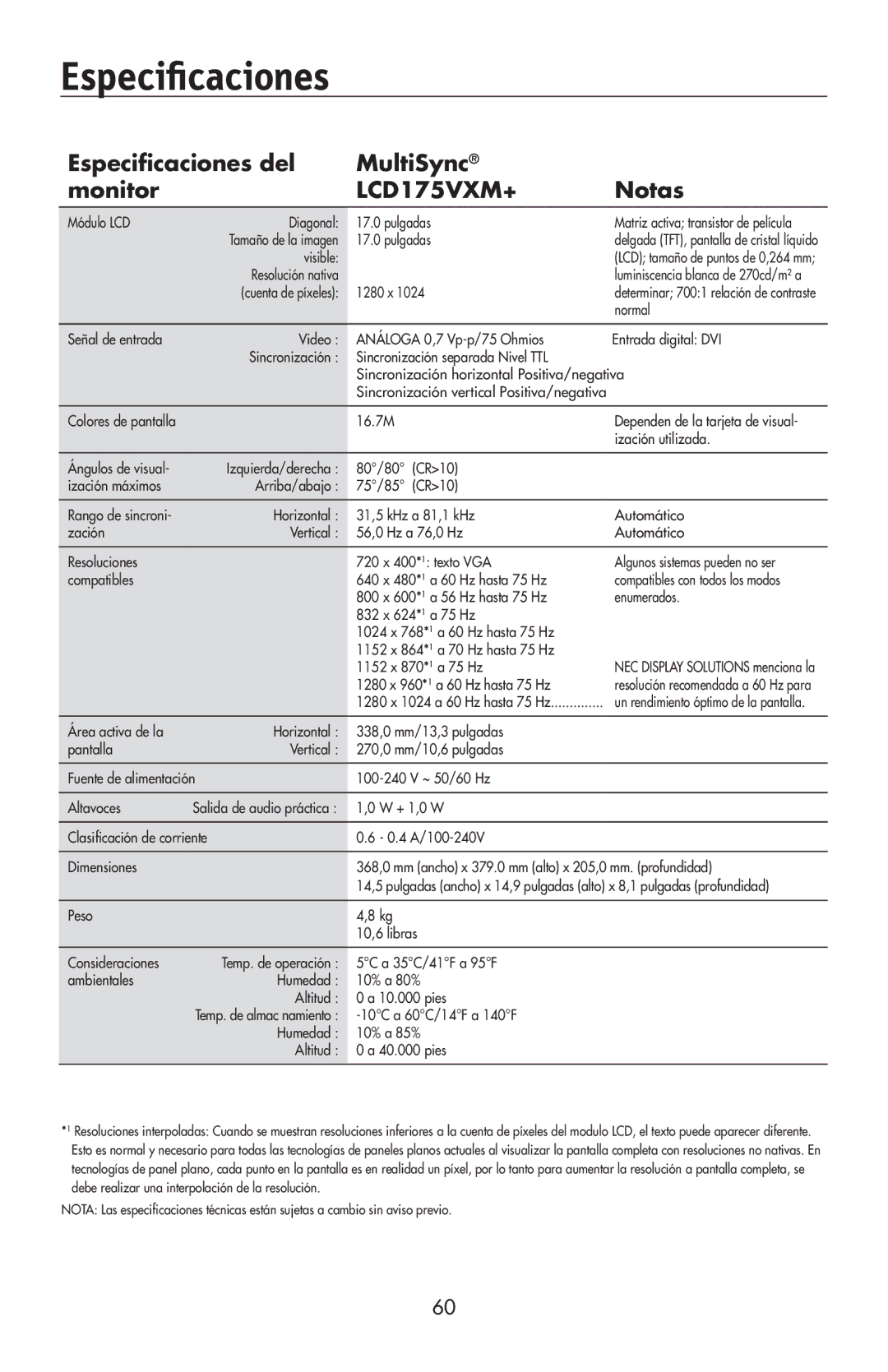 NEC 175VXM user manual Especificaciones 