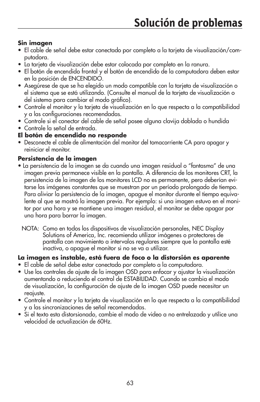 NEC 175VXM user manual Solución de problemas, Sin imagen 