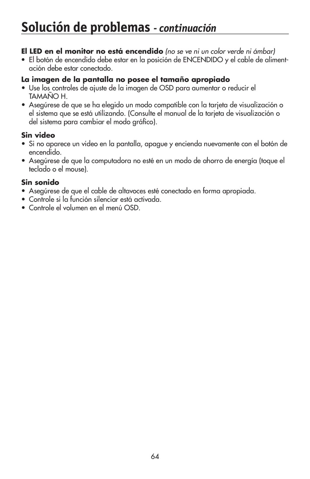 NEC 175VXM user manual Solución de problemas continuación, La imagen de la pantalla no posee el tamaño apropiado 