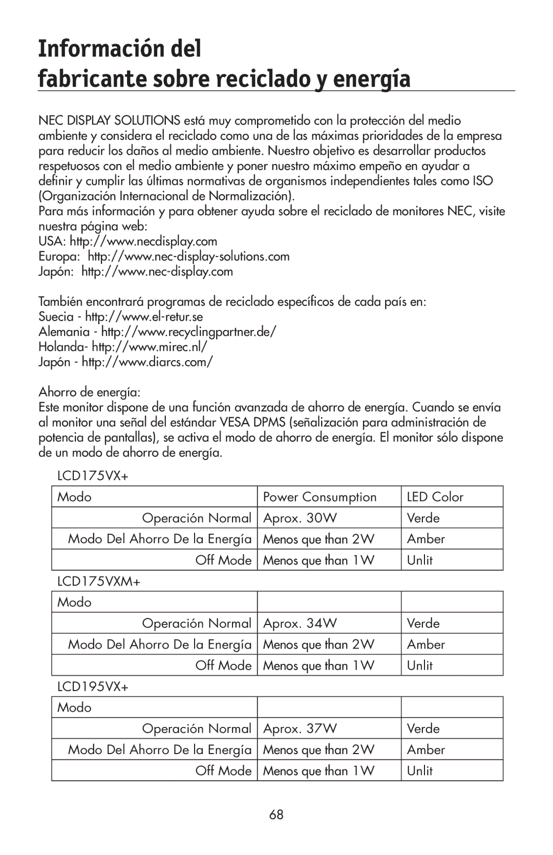 NEC 175VXM user manual Información del Fabricante sobre reciclado y energía 