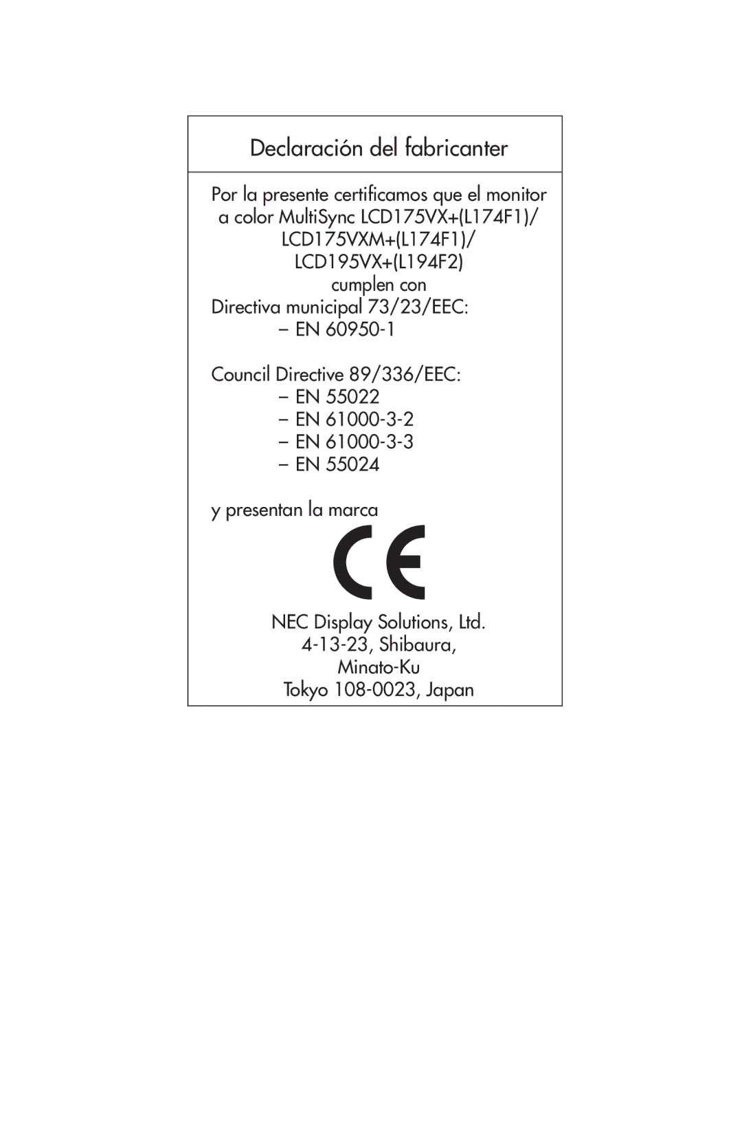 NEC 175VXM user manual Declaración del fabricanter 