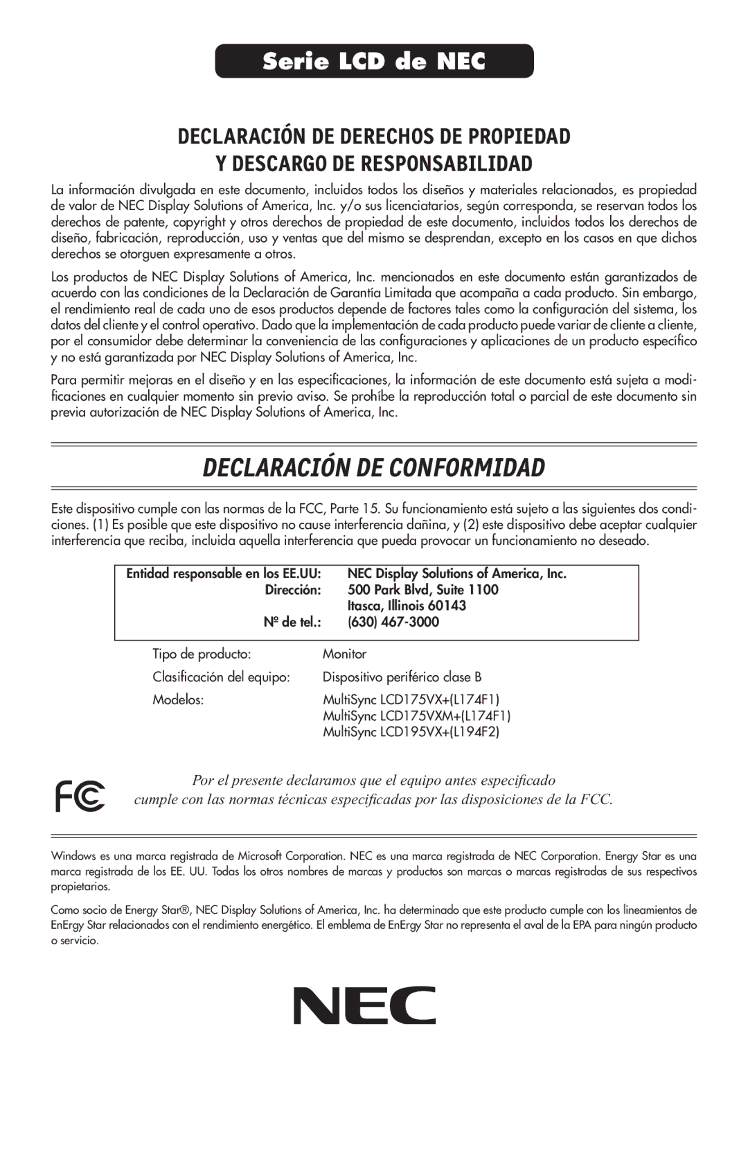 NEC 175VXM user manual Declaración DE Conformidad 