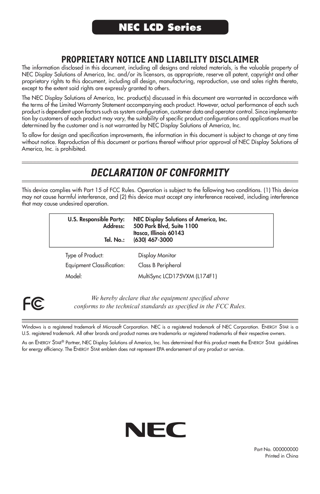 NEC 175VXM user manual Declaration of Conformity 