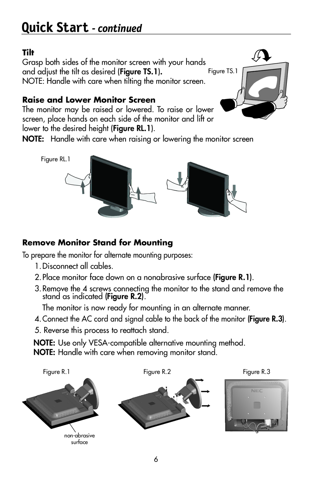 NEC 175VXM user manual Tilt, Raise and Lower Monitor Screen, Remove Monitor Stand for Mounting 