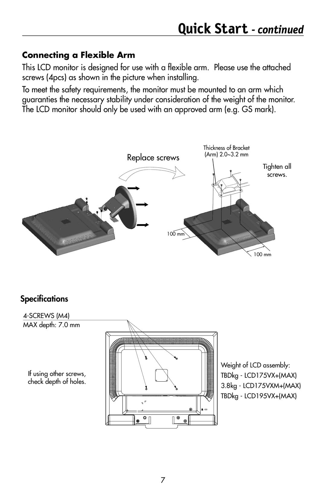 NEC 175VXM user manual Connecting a Flexible Arm, Replace screws, Specifications 