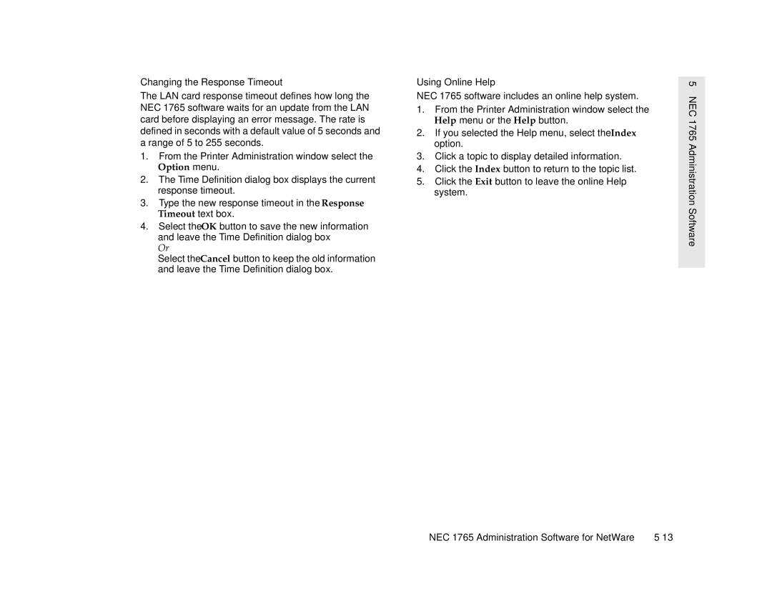 NEC 1700 Series, 1765 manual Changing the Response Timeout, Using Online Help 