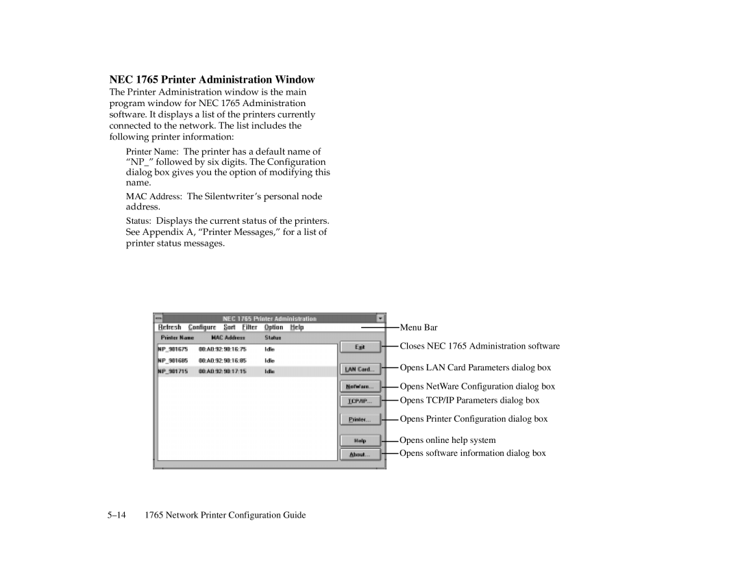 NEC 1700 Series manual NEC 1765 Printer Administration Window 