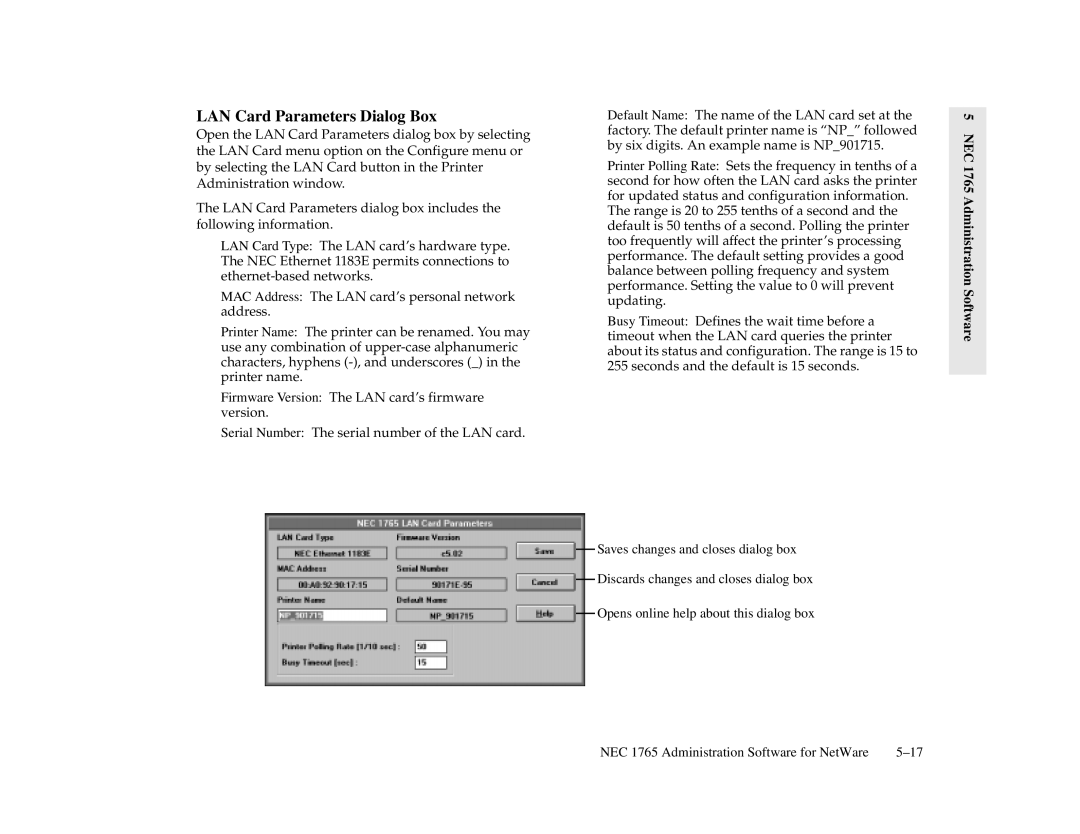 NEC 1700 Series, 1765 manual LAN Card Parameters Dialog Box 