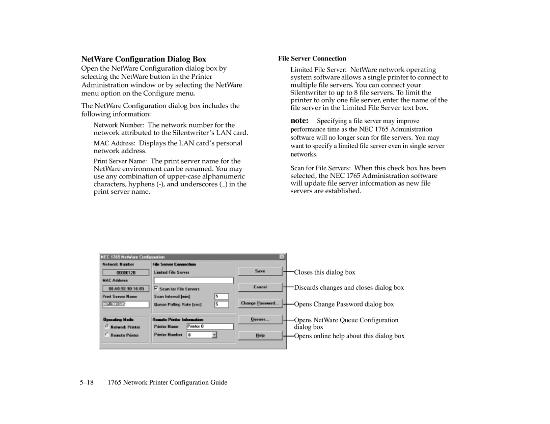 NEC 1765, 1700 Series manual NetWare Configuration Dialog Box, File Server Connection 