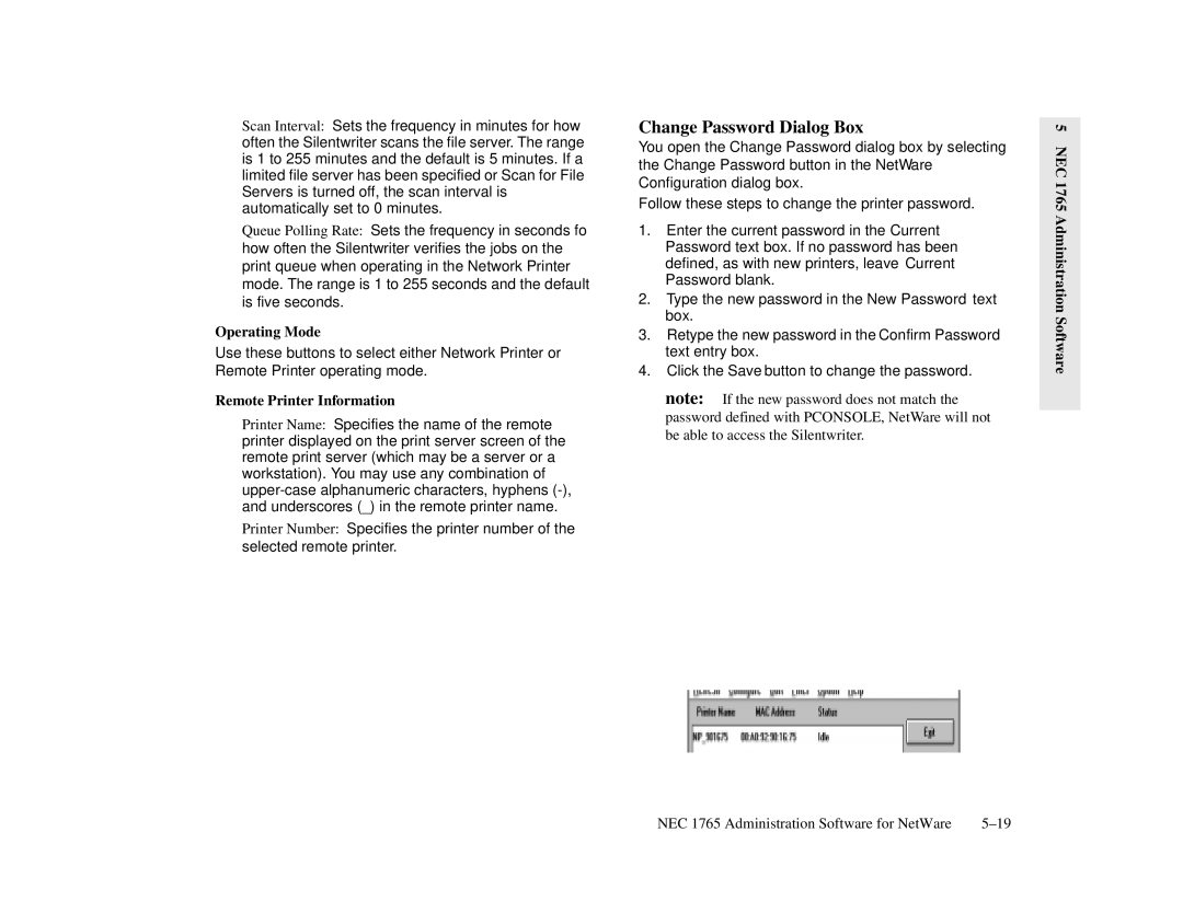 NEC 1700 Series, 1765 manual Change Password Dialog Box, Operating Mode, Remote Printer Information 