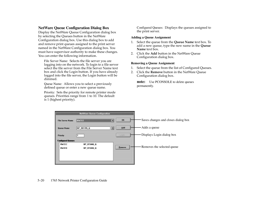 NEC 1765, 1700 Series manual NetWare Queue Configuration Dialog Box, Adding a Queue Assignment, Removing a Queue Assignment 