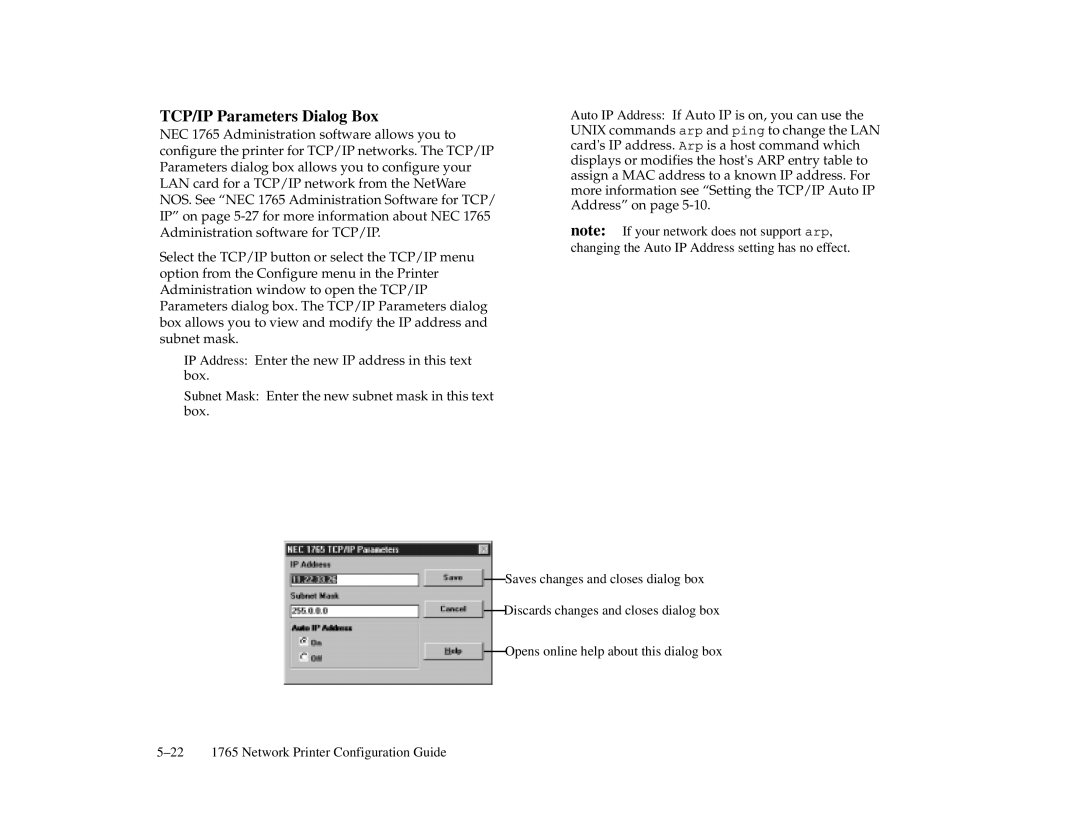 NEC 1765, 1700 Series manual TCP/IP Parameters Dialog Box 