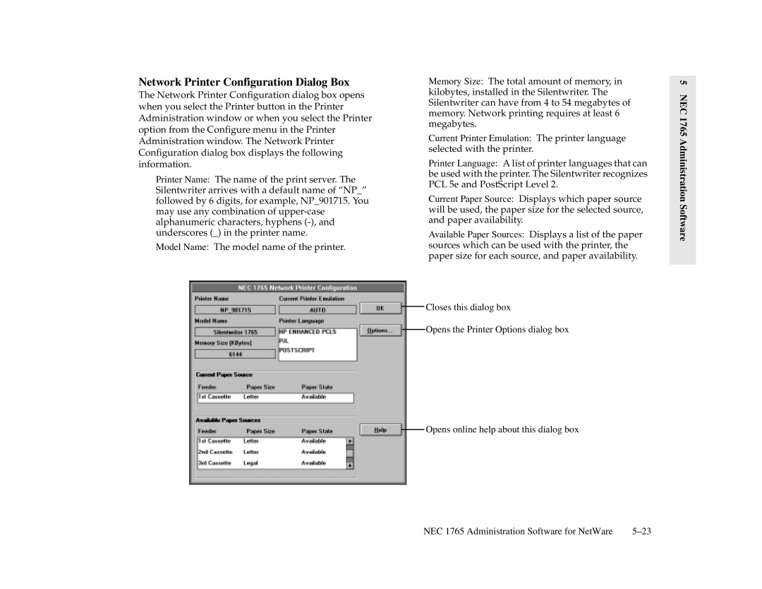 NEC 1700 Series, 1765 manual Network Printer Configuration Dialog Box 