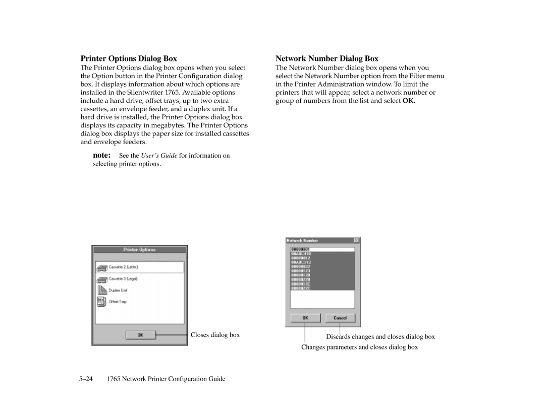 NEC 1765, 1700 Series manual Printer Options Dialog Box, Network Number Dialog Box 