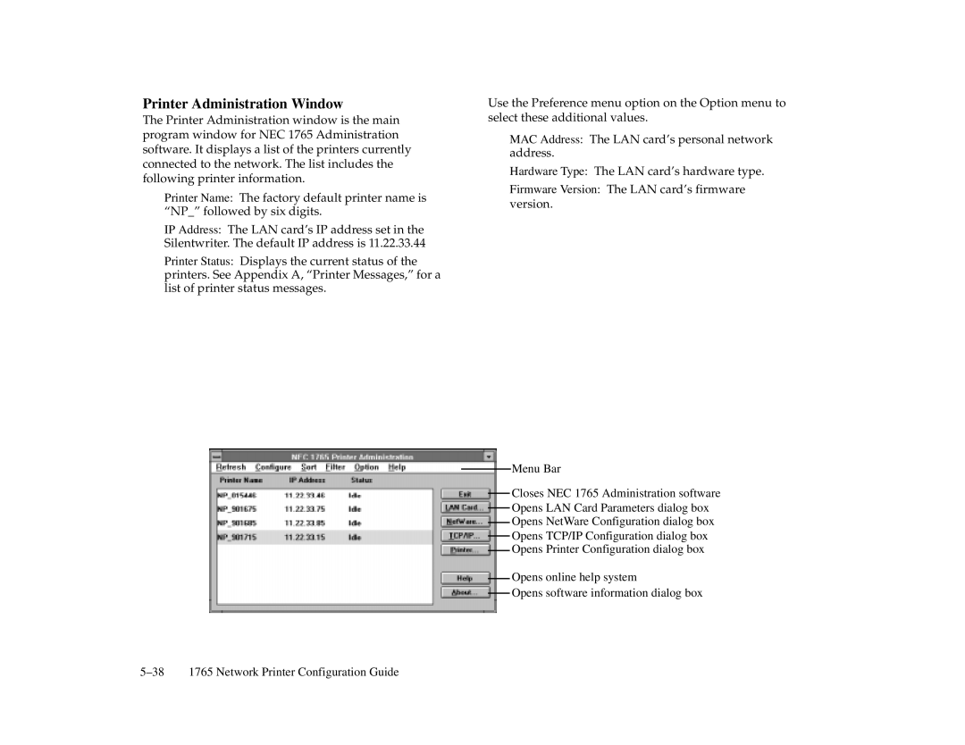 NEC 1765, 1700 Series manual Printer Administration Window 